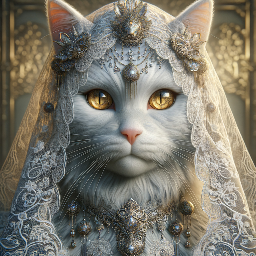 Elegant white cat with golden eyes and lace veil