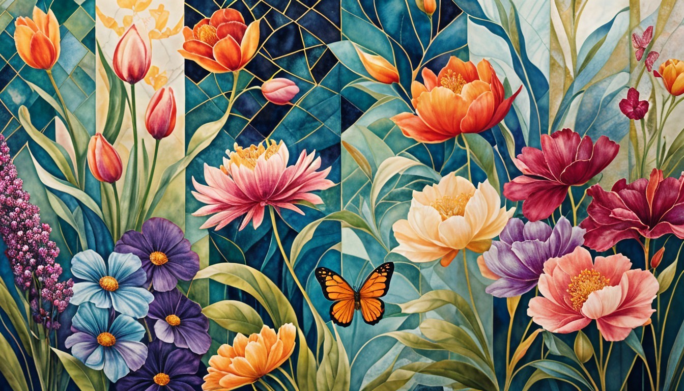 Vibrant Floral Tapestry with Butterfly and Green Leaves