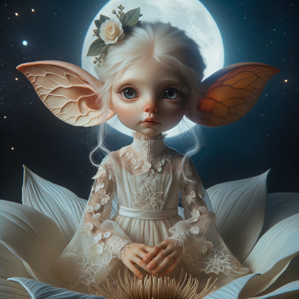 Whimsical Doll on Flower Under Full Moonlight