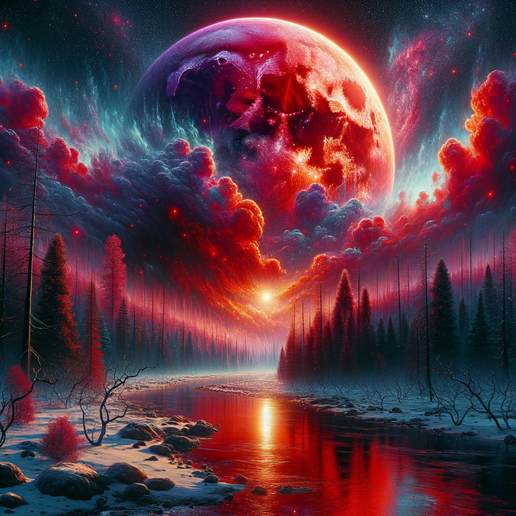 Vibrant Cosmic Landscape with Fiery Planet and River