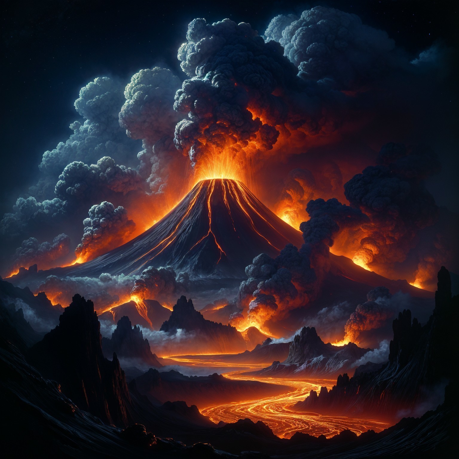 Nighttime Volcanic Eruption with Lava and Ash Clouds