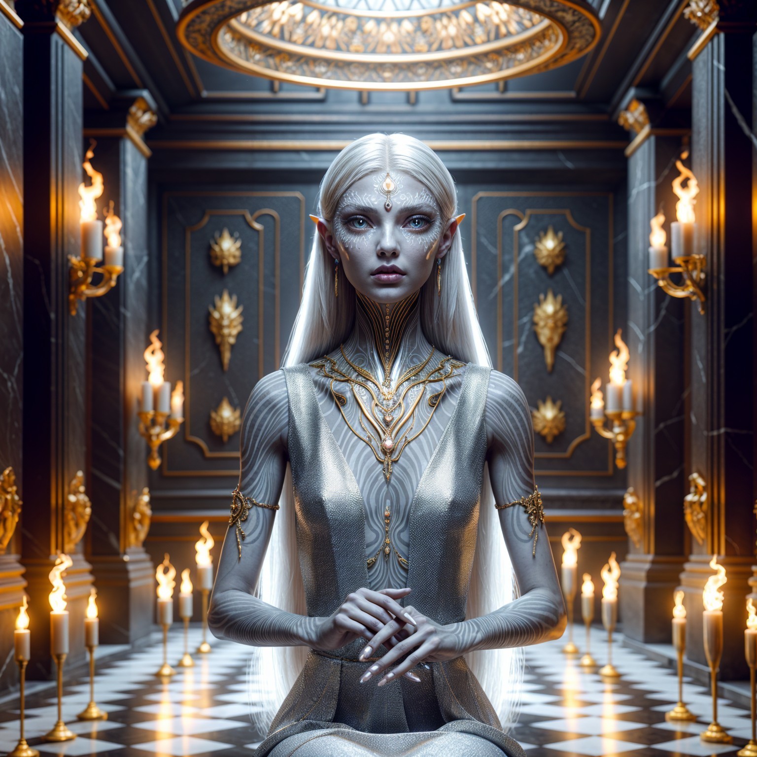 Ethereal Figure in Ornate Chamber with Candles
