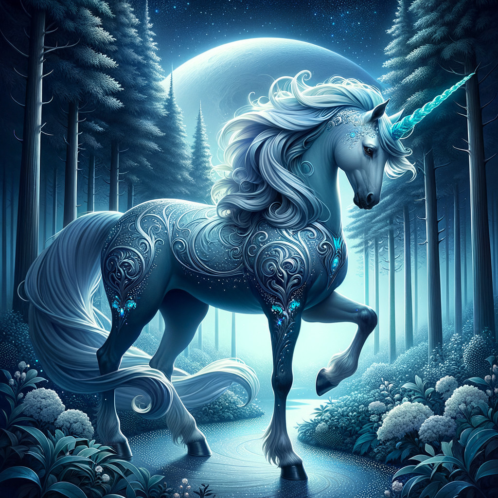 Majestic unicorn in a mystical forest at night