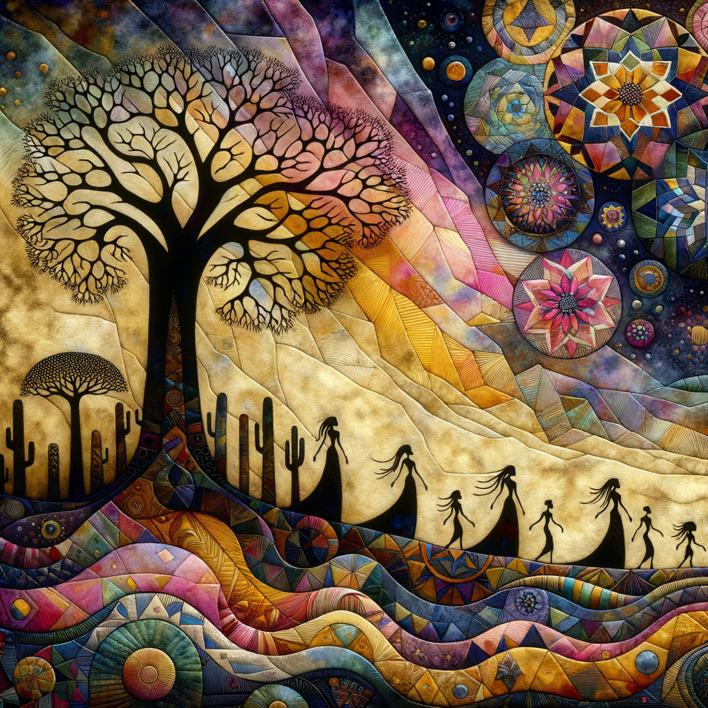 Vibrant Abstract Landscape with Stylized Tree and Figures