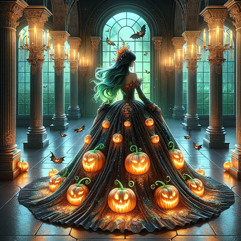 Elaborate Gown with Pumpkins in Dimly Lit Hall
