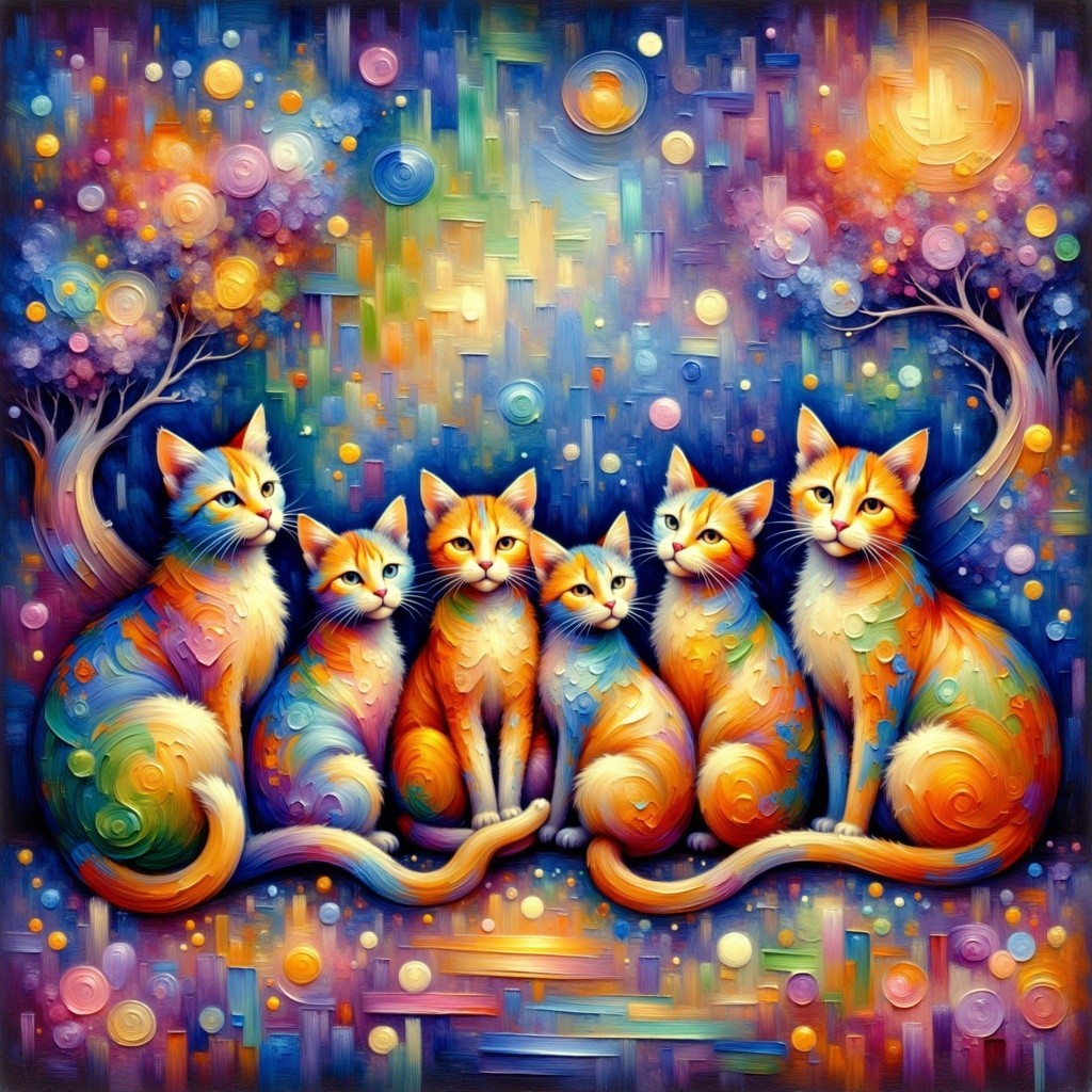 Colorful Artwork of Six Stylized Cats in Harmony