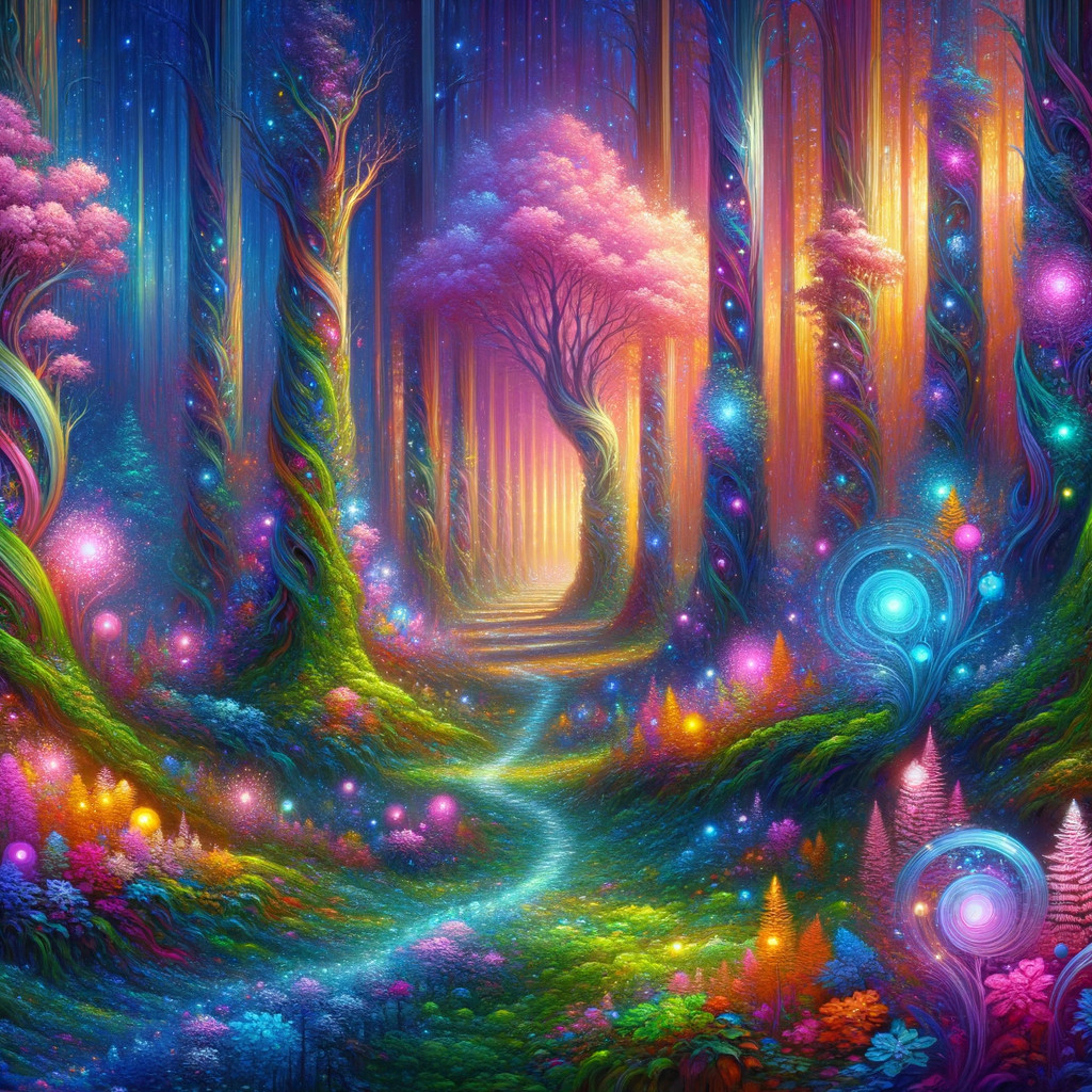Enchanted forest with glowing lights and vibrant colors