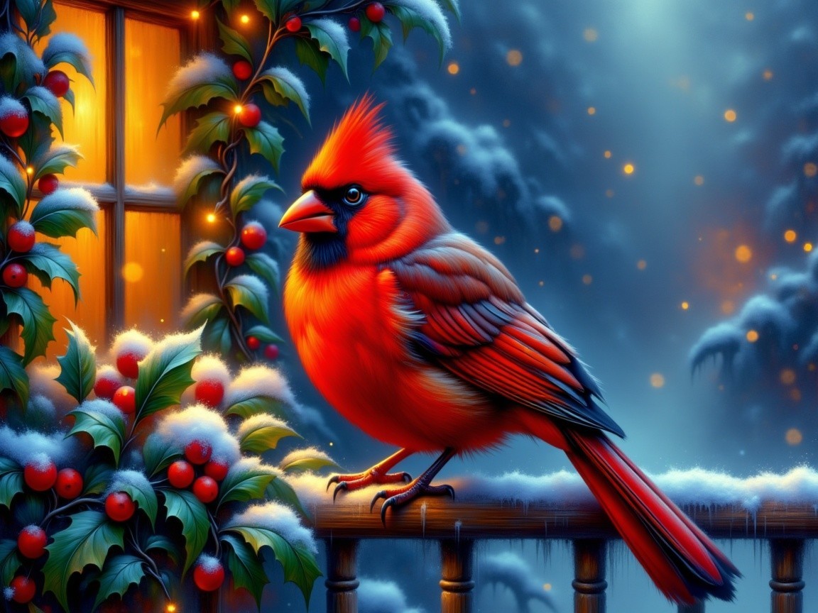 Cardinal on Snowy Railing with Holly Berries