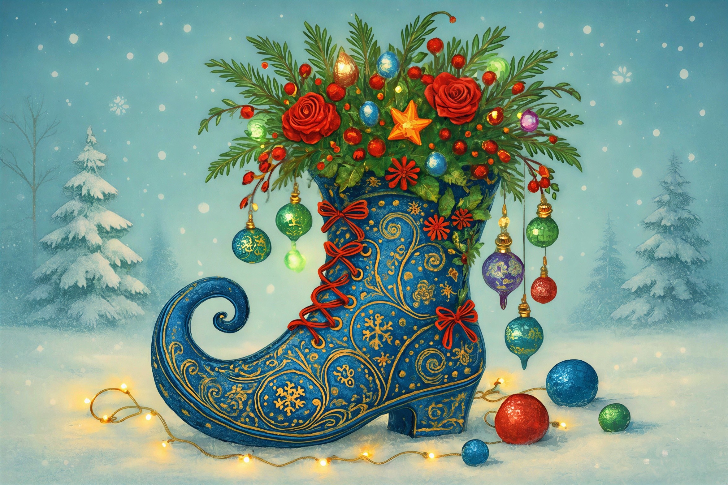 Decorative Blue Winter Boot with Christmas Bouquet Elements