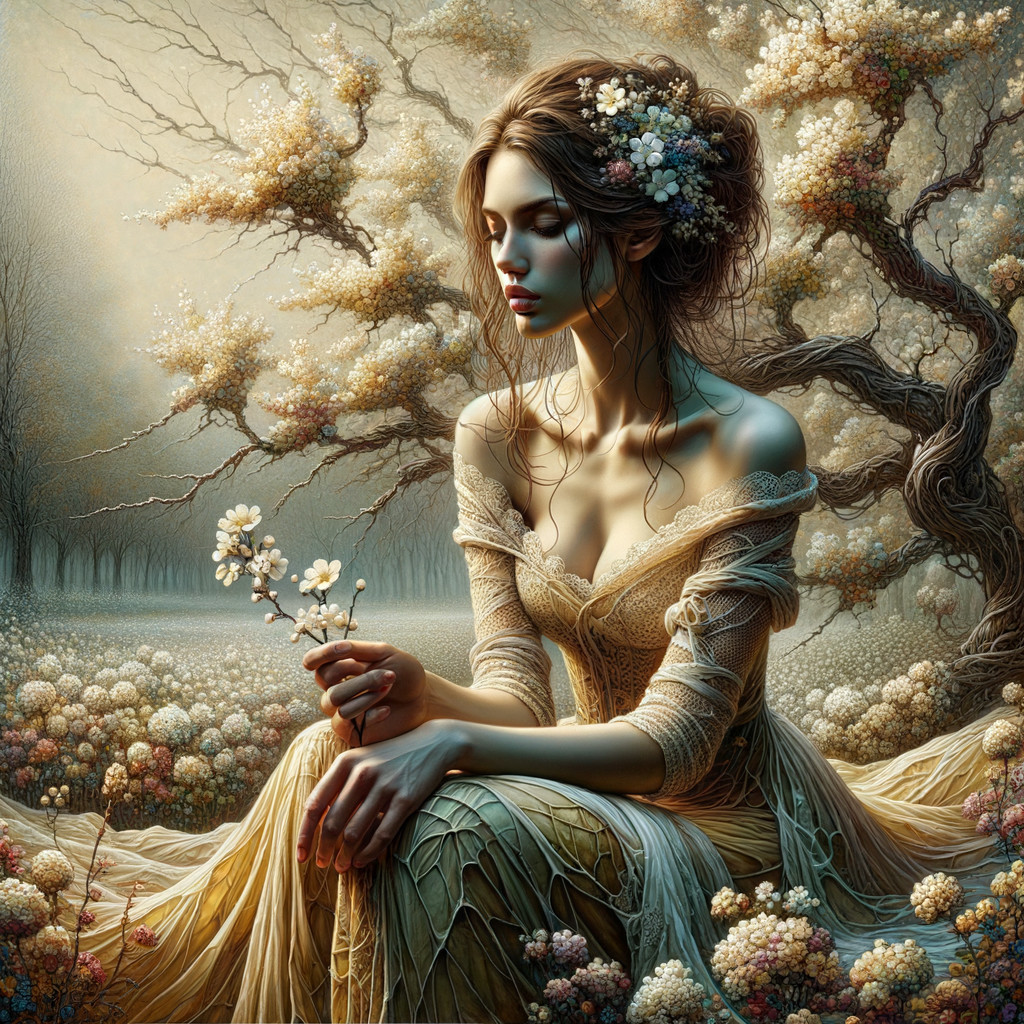 Young woman in floral gown in serene landscape
