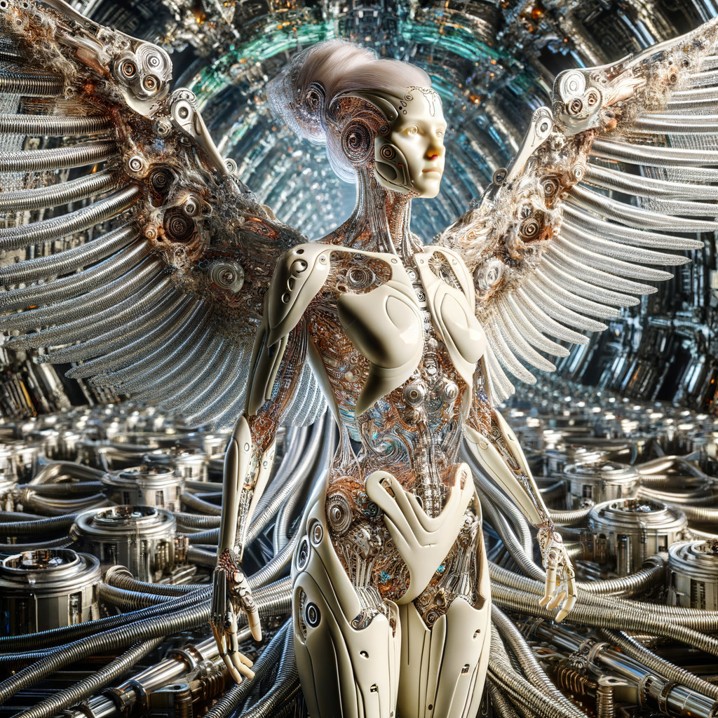 Futuristic Humanoid Robot with Angelic Wings in Tech Setting