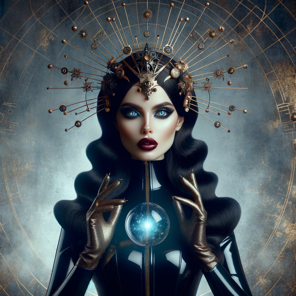 Futuristic figure with black hair and glowing accessories