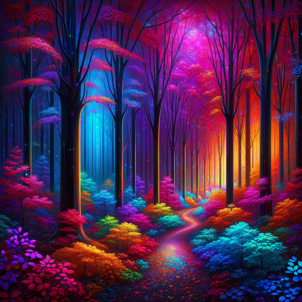 Surreal Forest Path with Vibrant Luminescent Flora