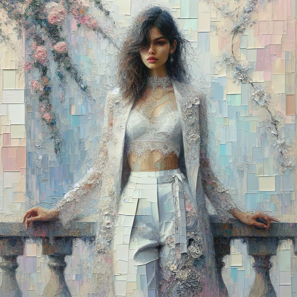 Woman in Elegant Modern-Vintage Outfit Against Pastel Background
