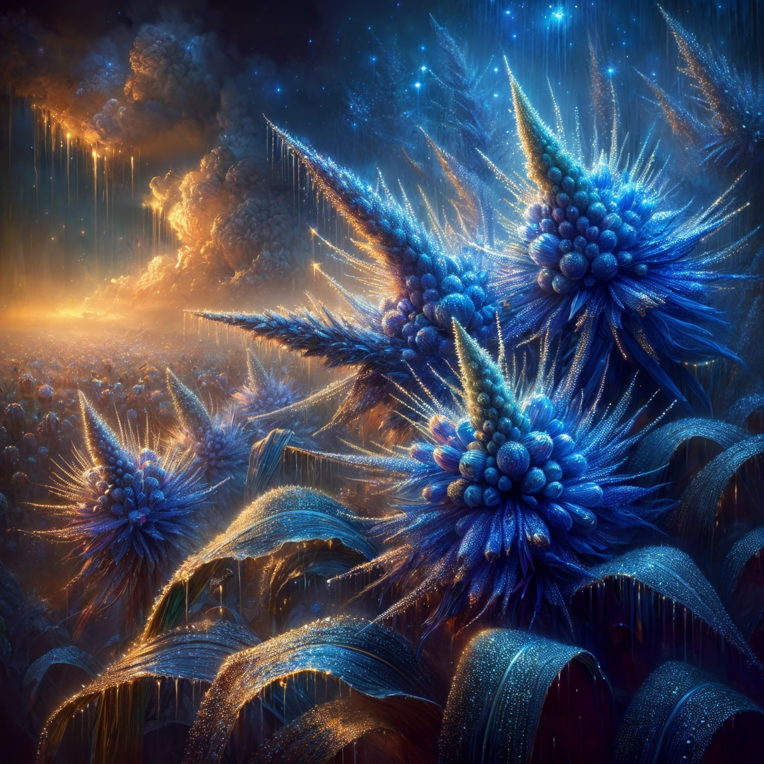 Surreal Landscape with Spiky Blue Flora and Cosmic Sky