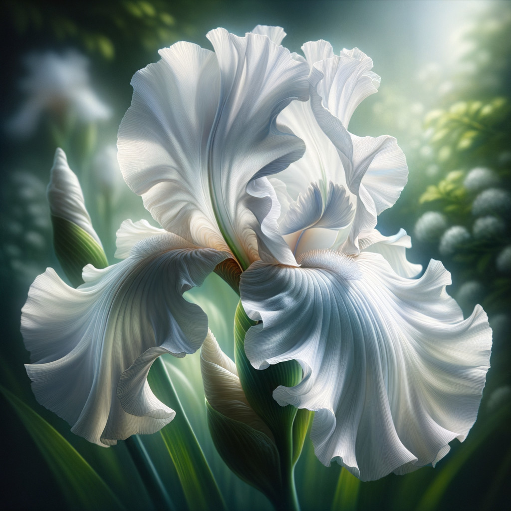 Close-up of a white iris flower with ruffled petals
