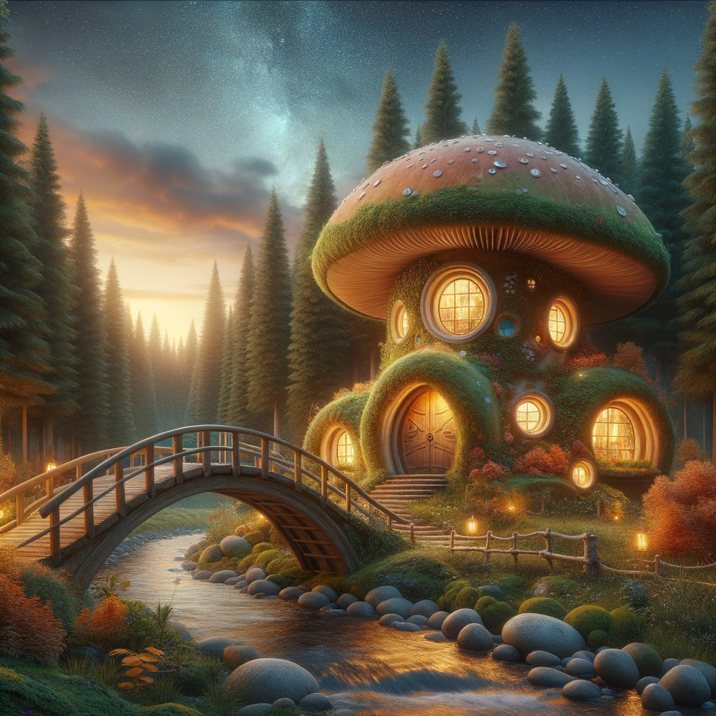 Whimsical Mushroom-Shaped House in Lush Forest Setting