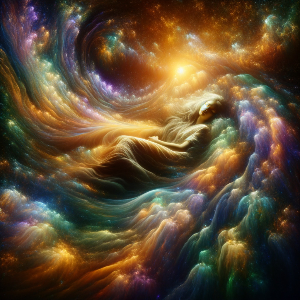 Woman Floating in Vibrant Cosmic Scene