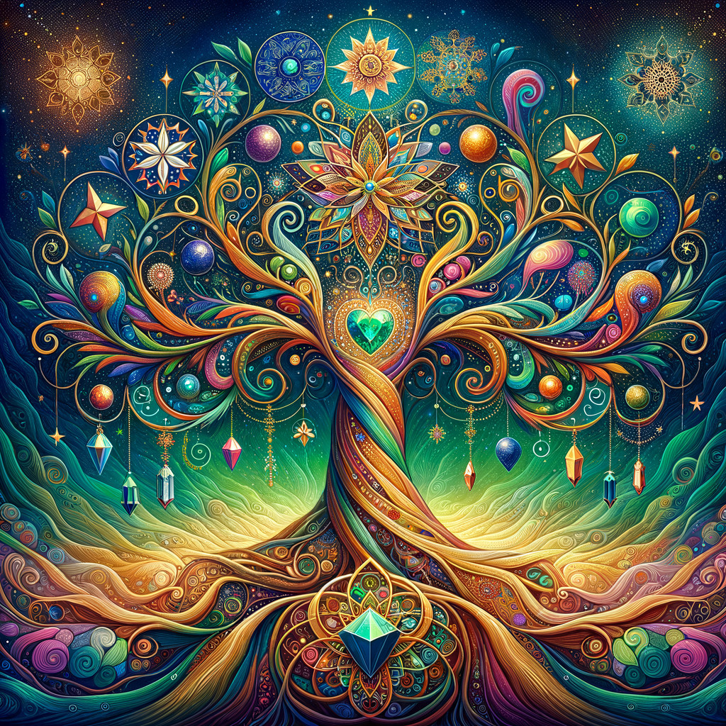 Vibrant Tree with Celestial Symbols and Colorful Leaves