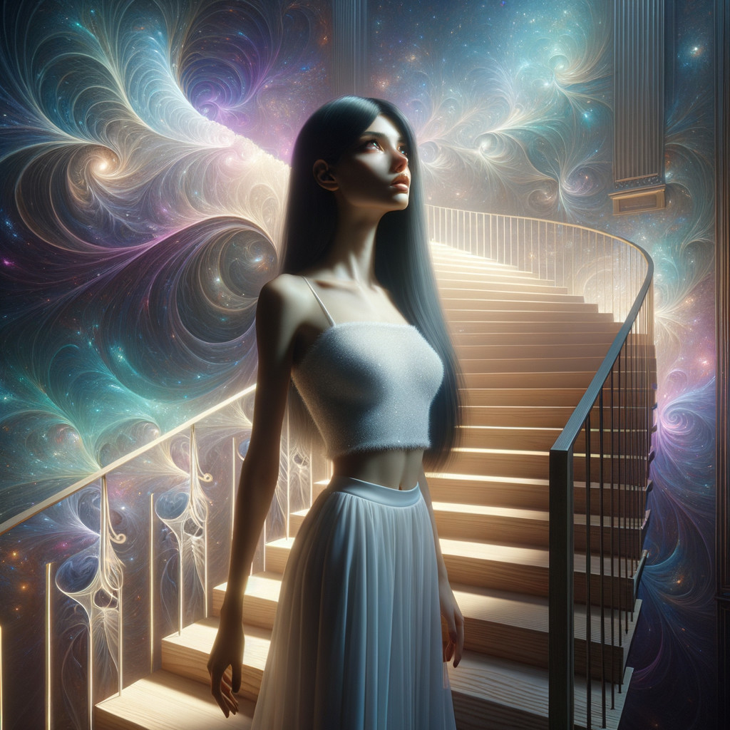 Young woman at base of spiraling staircase in cosmos