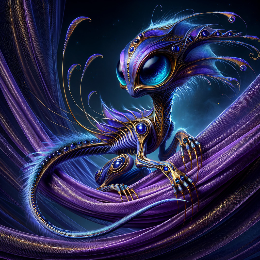 Vibrant Creature with Iridescent Eyes on Purple Fabric
