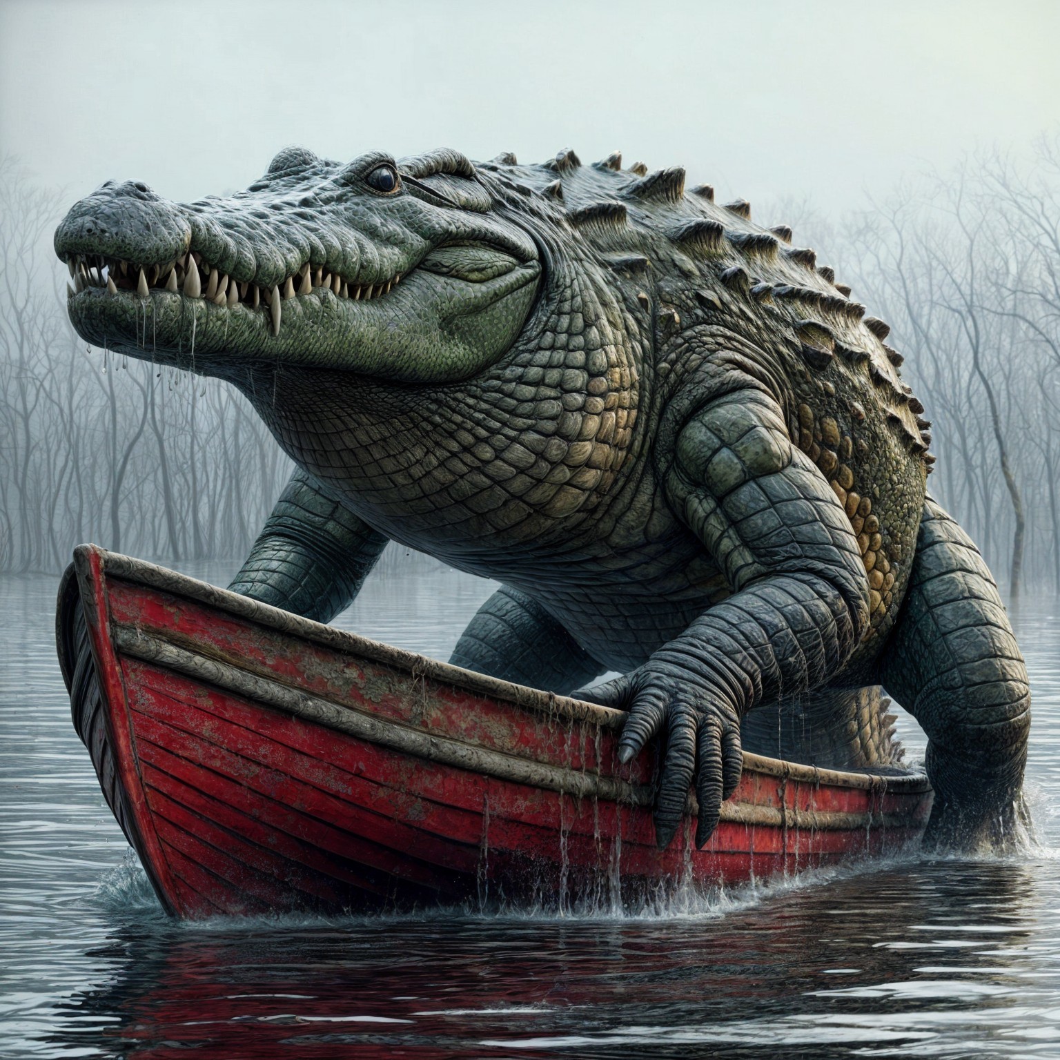 Prehistoric Crocodile in Misty Swamp Scene