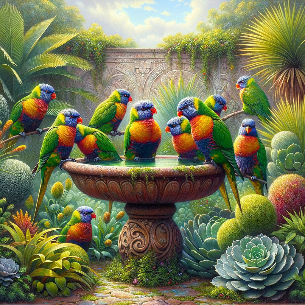 Colorful Lorikeets Splashing in Tropical Birdbath