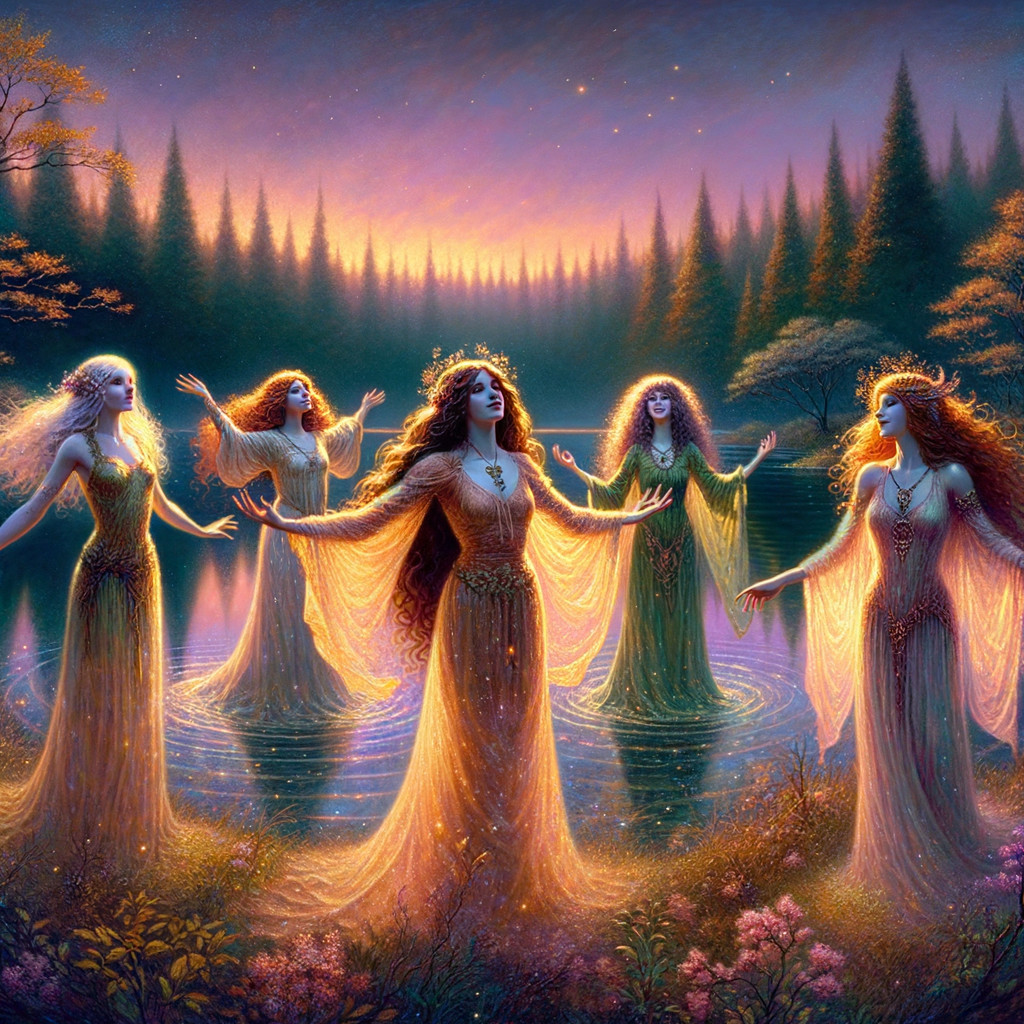 Ethereal Figures in Twilight by a Serene Lake