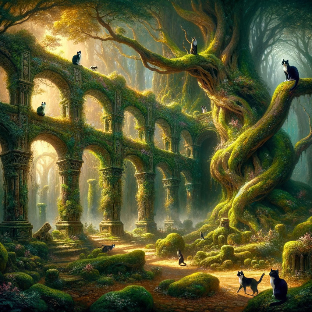 Mystical forest with ancient ruins and black cats