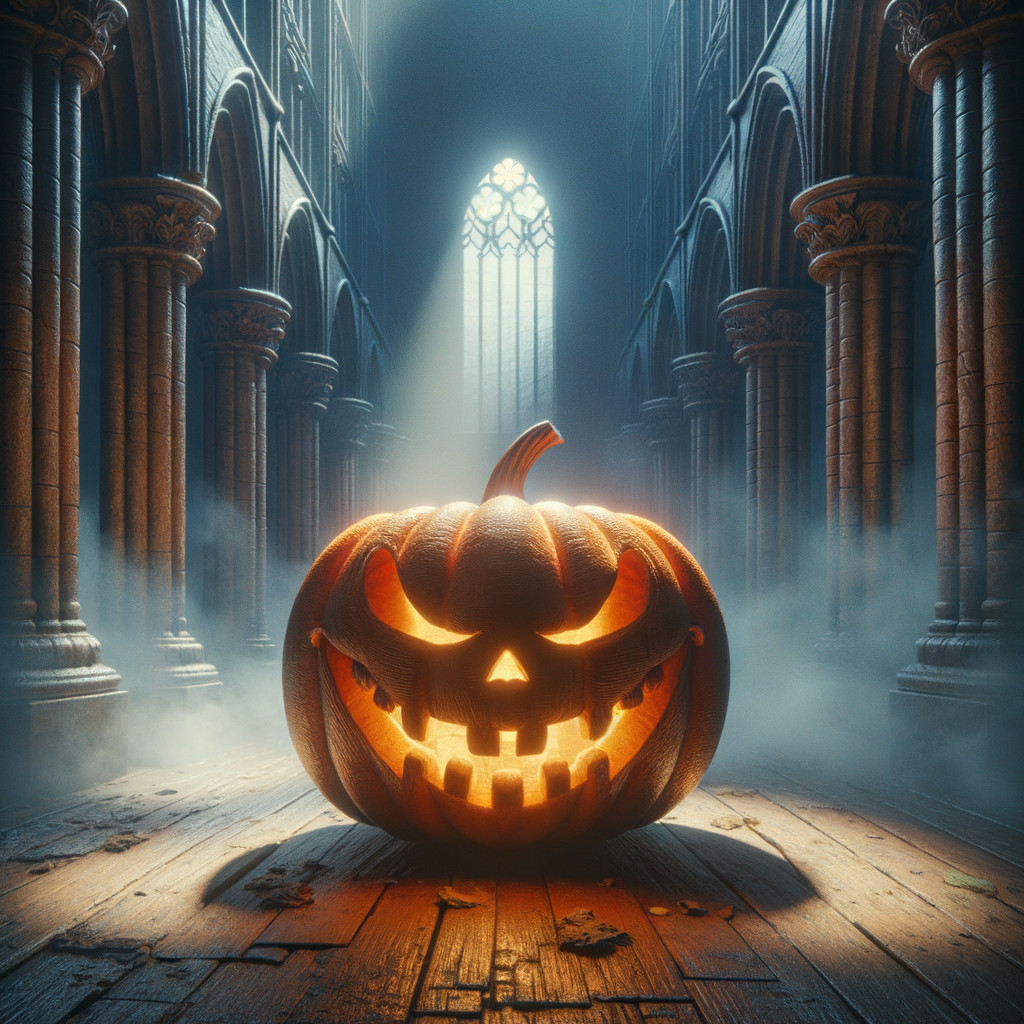 Glowing Jack-O'-Lantern in Gothic Cathedral Setting