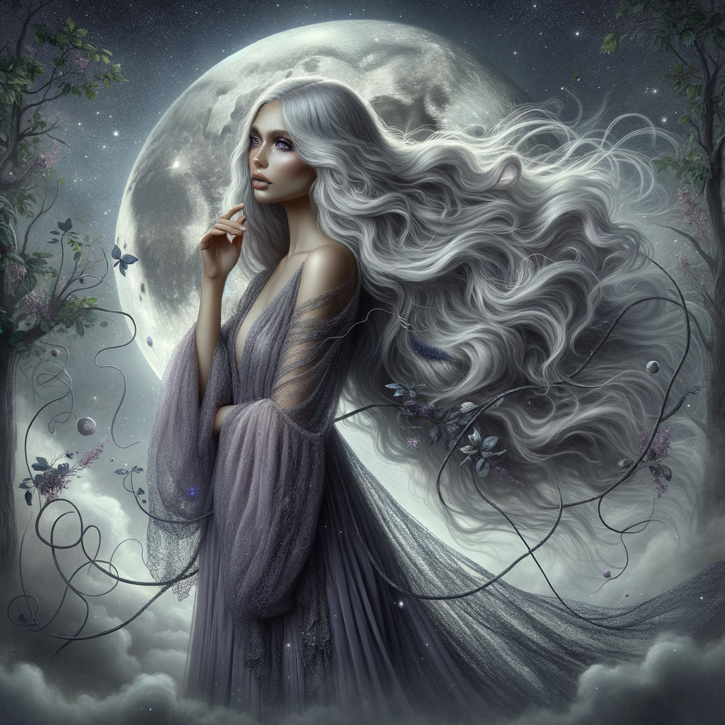 Luminous Figure in Ethereal Gown Under Full Moon