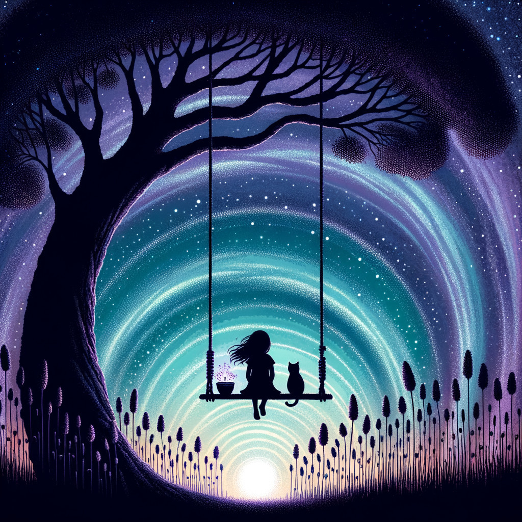 Silhouette of Girl and Cat on Swing Under Starry Sky