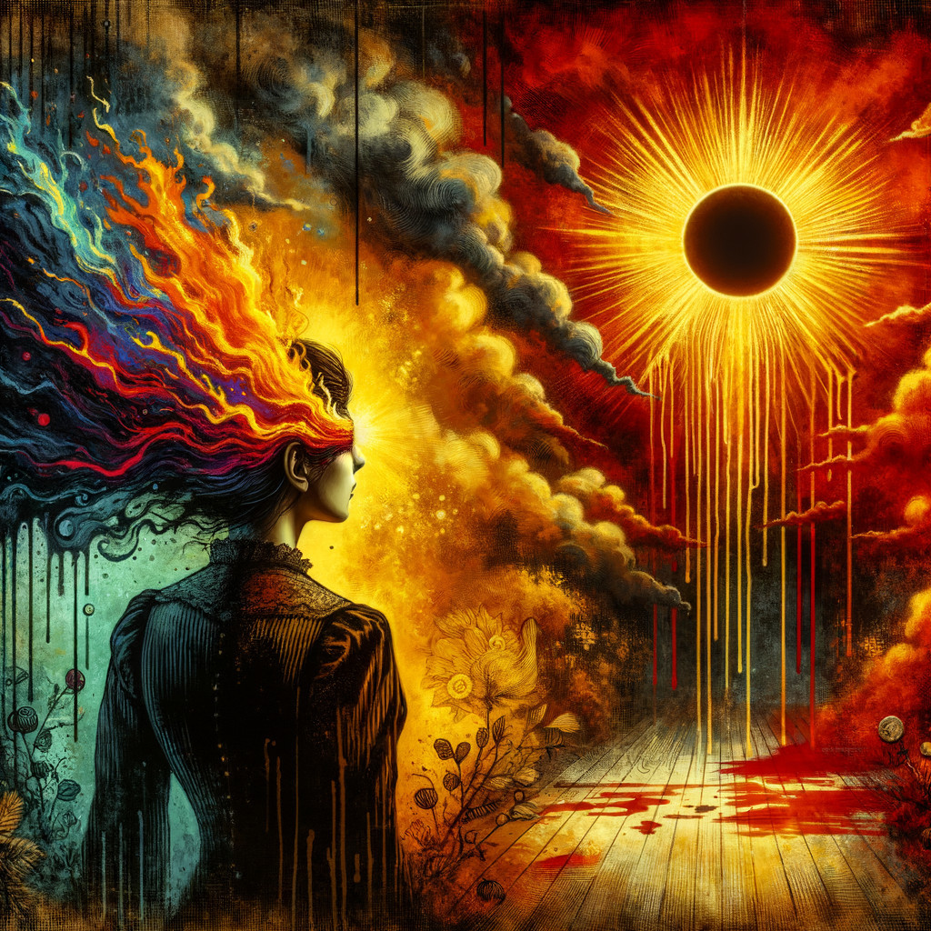 Surreal Scene of Figure with Flame-Like Hair and Eclipse