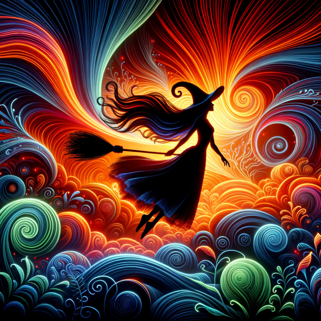 Witch Silhouette in Vibrant Swirling Sky Colors