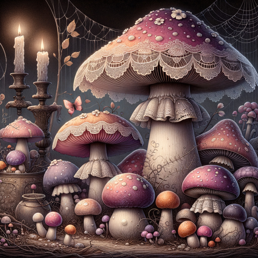 Whimsical Forest Scene with Colorful Mushrooms and Butterflies