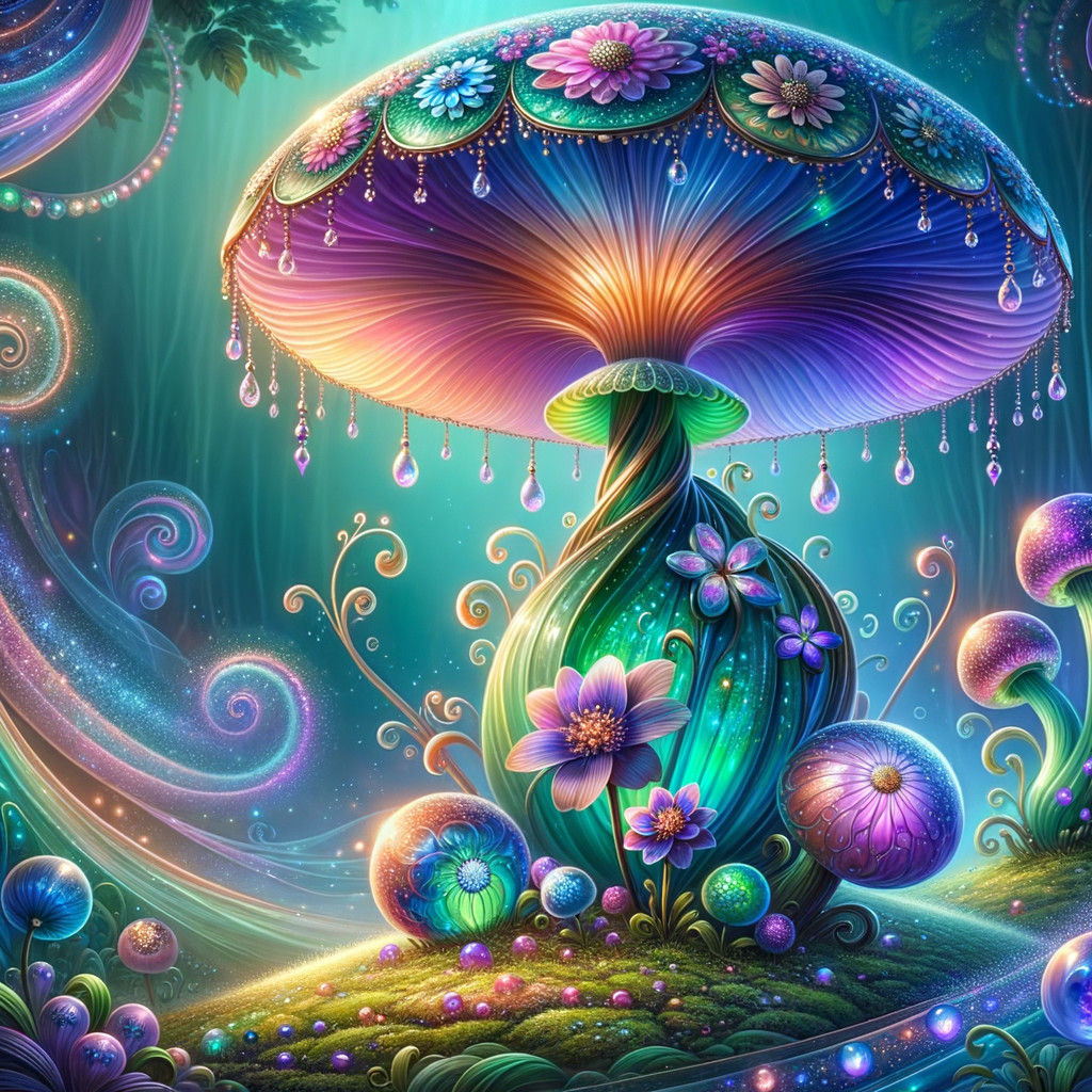 Ornate Mushroom Surrounded by Colorful Flowers and Lights