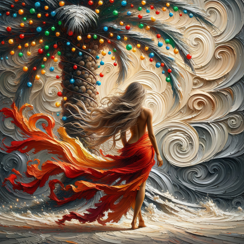 Graceful figure in red by colorful shore lights