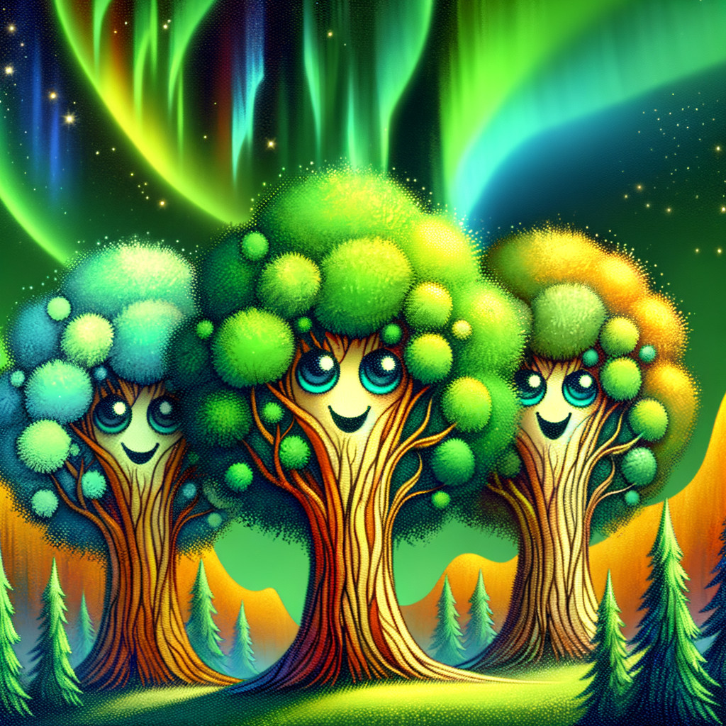 Whimsical Landscape with Cartoonish Trees and Aurora