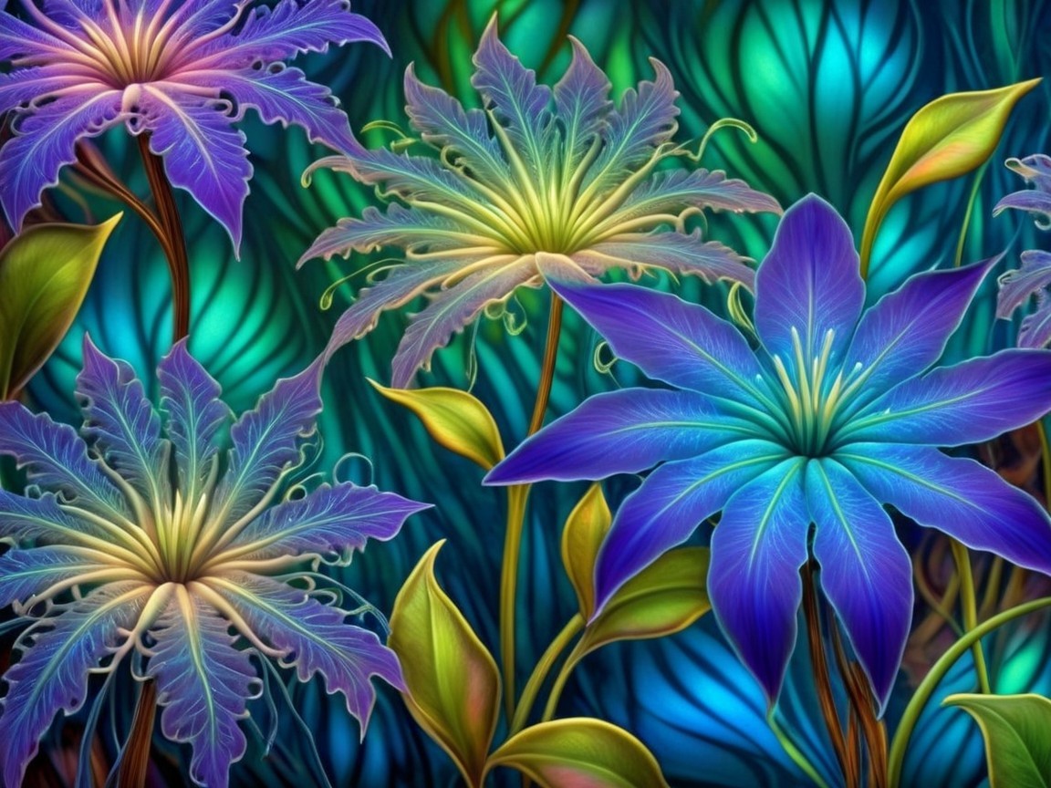 Stylized Floral Arrangement in Blue, Purple, and Green