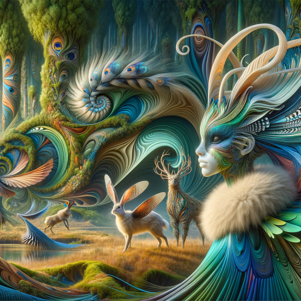 Vibrant Fantasy Scene with Mythical Figures and Creatures