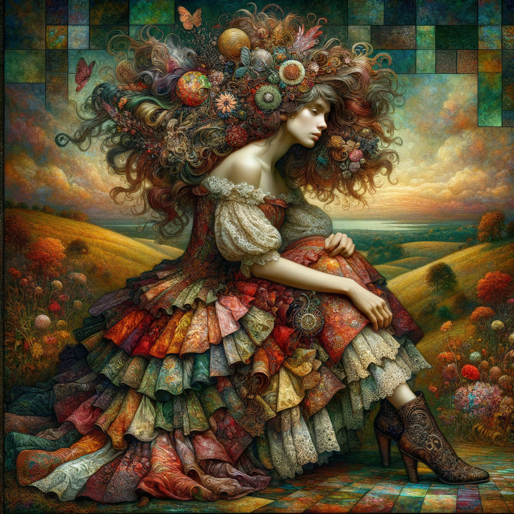Vibrant Painting of Woman in Colorful Dress and Landscape