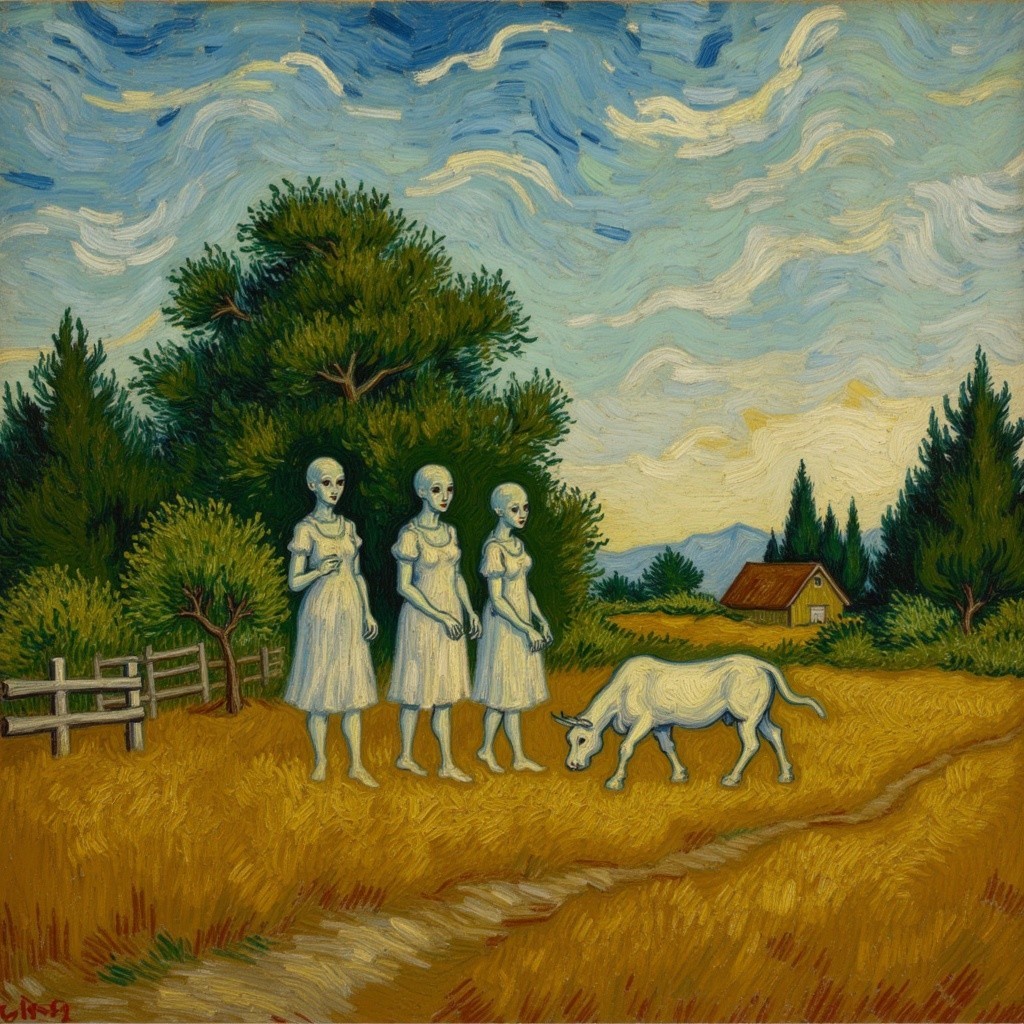Surreal Landscape with Extraterrestrial Figures and Wheat