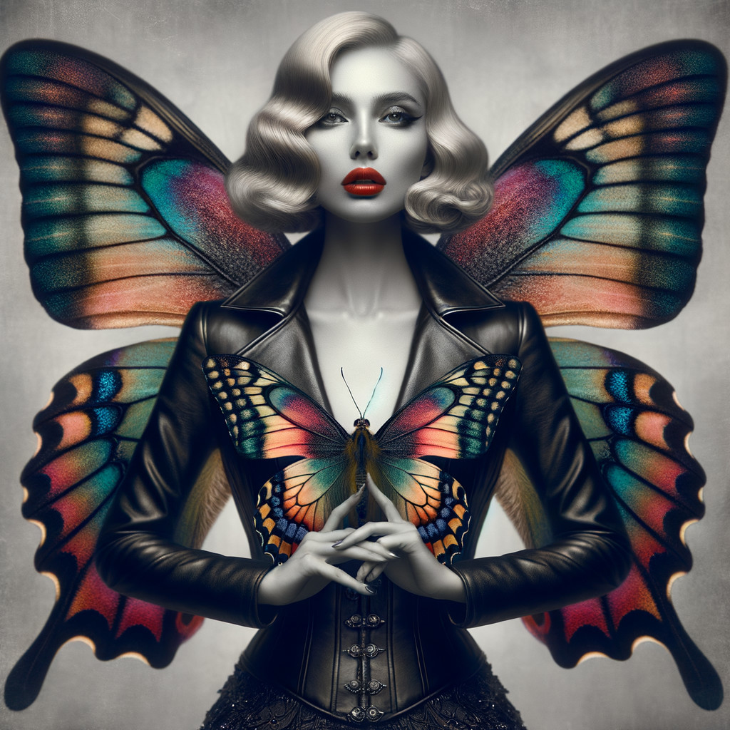 Woman with Platinum Hair and Colorful Butterfly Wings
