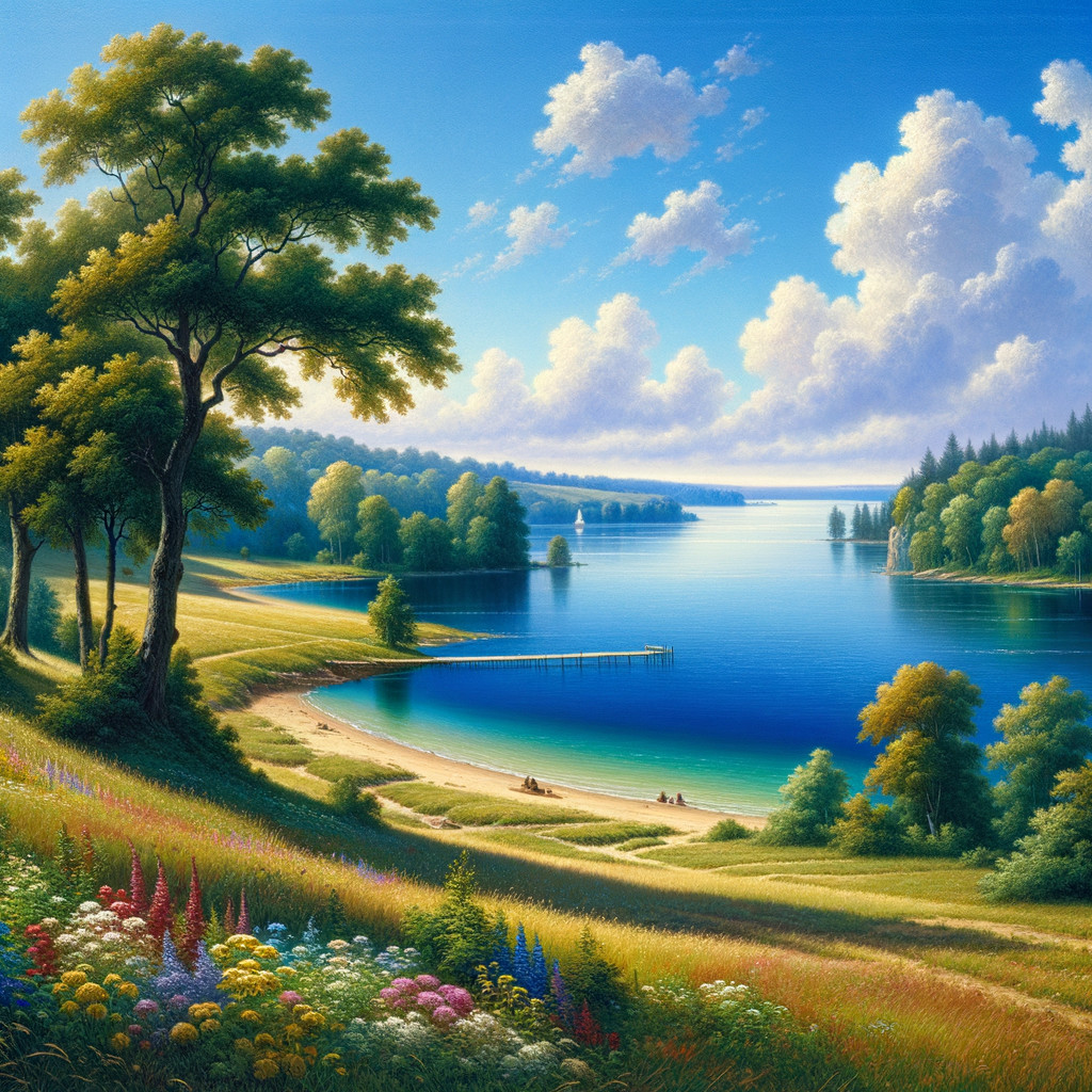 Tranquil Lake Landscape with Greenery and Wildflowers