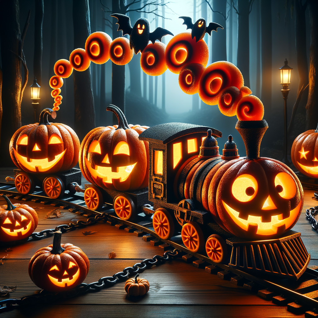 Whimsical Halloween Train of Carved Pumpkins in Forest