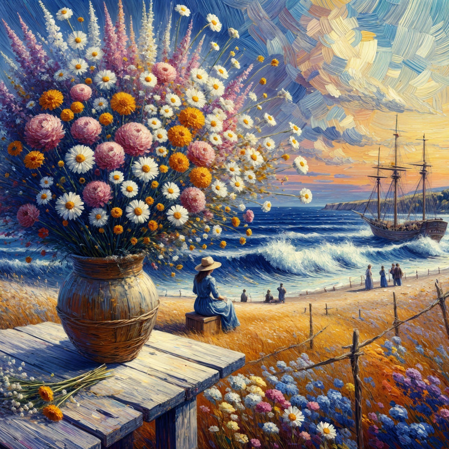 Vibrant Seaside Sunset with Flowers and Beach Scene