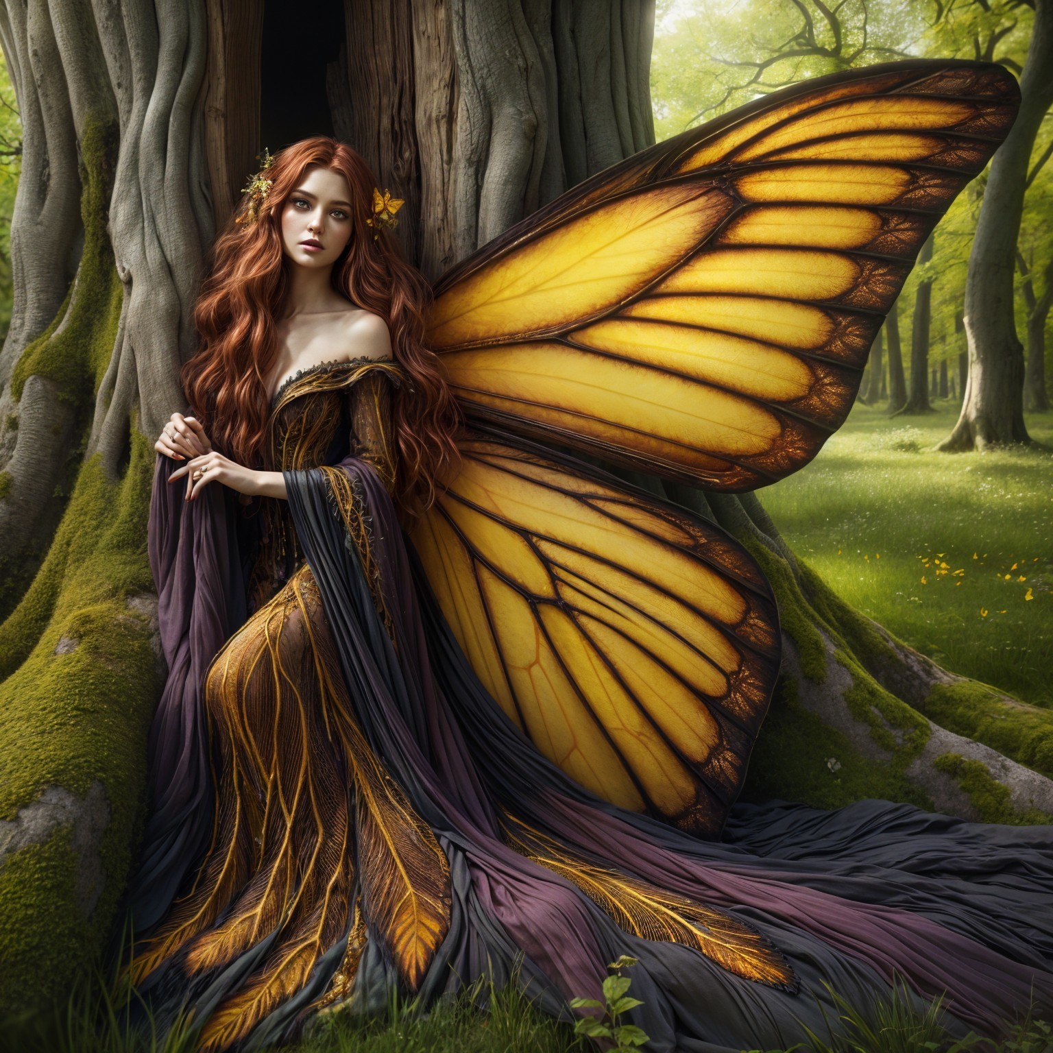 Mystical fairy beside ancient tree with butterfly wings