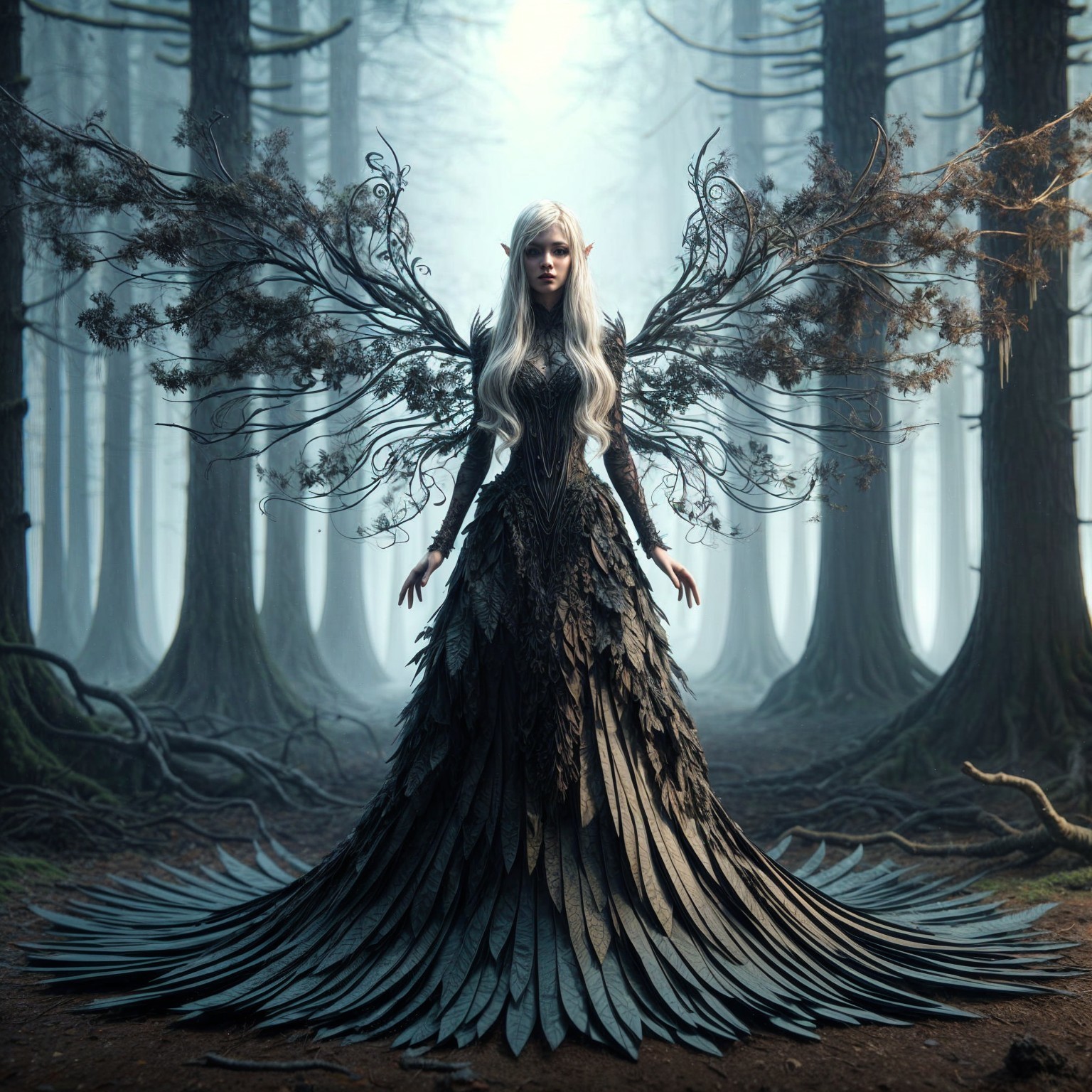 Regal figure in mystical forest with ornate wings