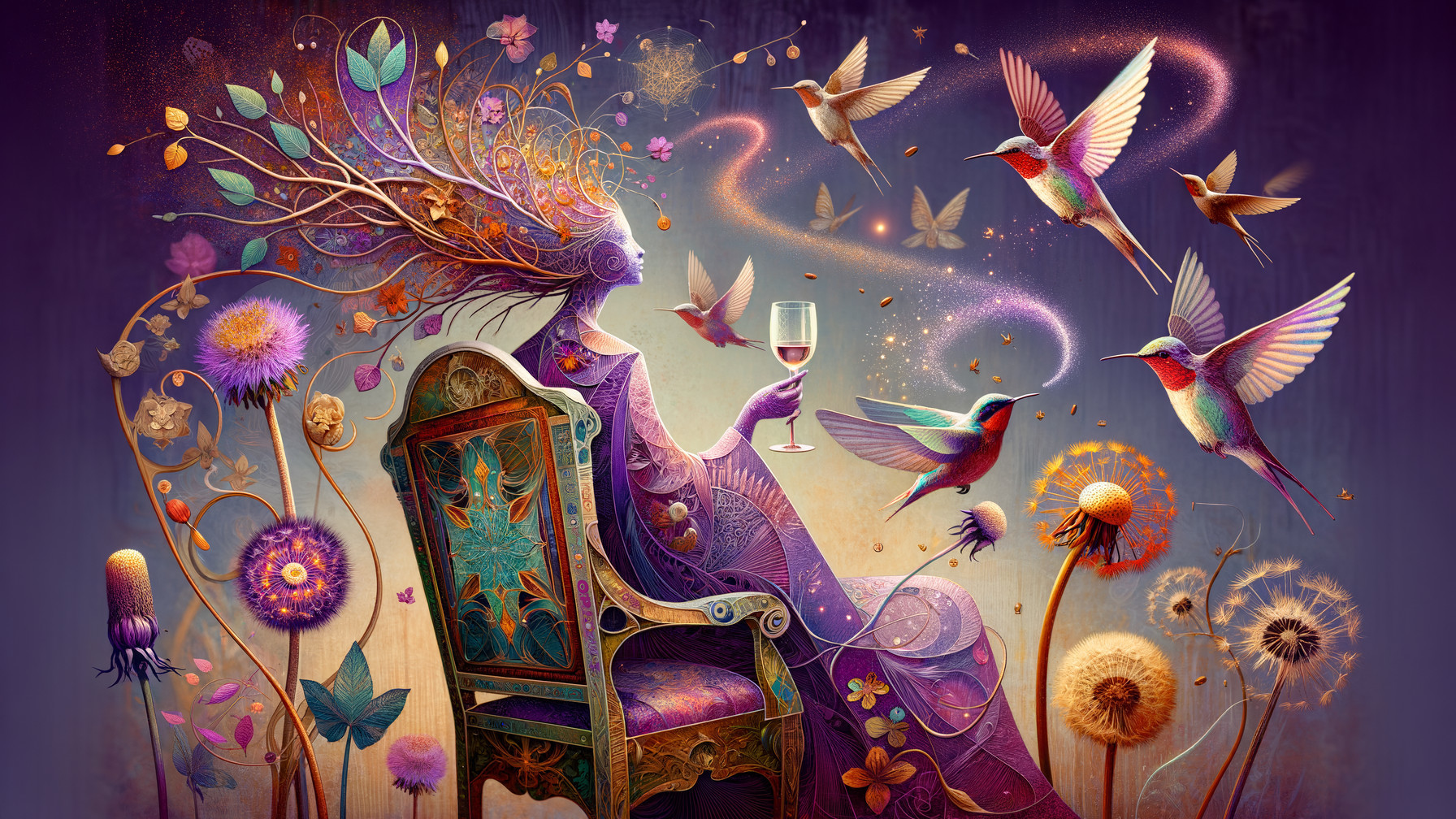 Whimsical Scene with Nature-Inspired Figure and Wildlife