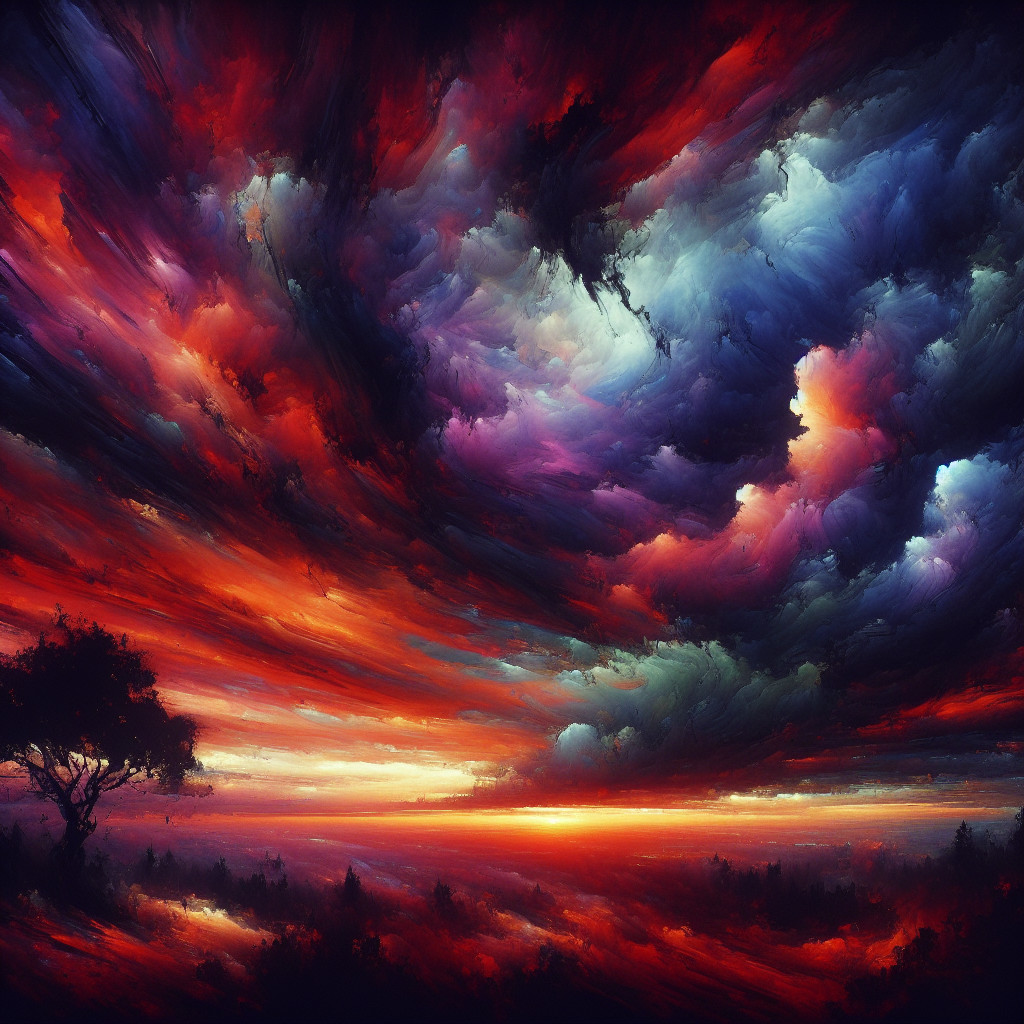 Surreal Sunset with Swirling Clouds and Silhouetted Tree